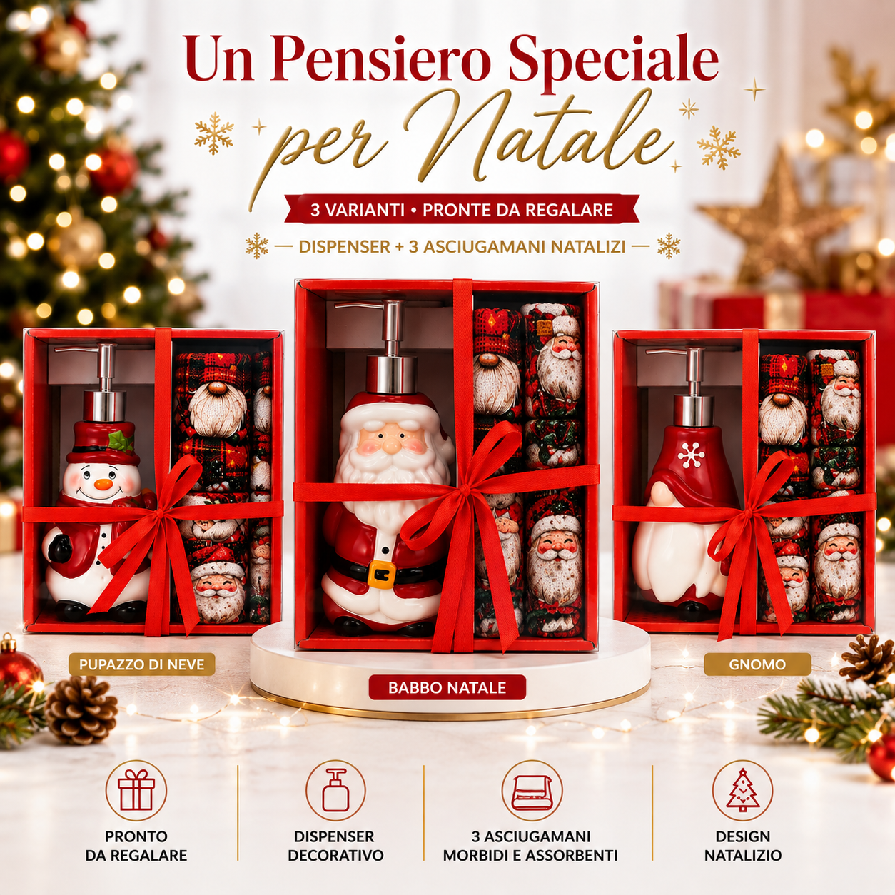 set regalo natalizio dispenser sapone con 3 asciugamani decorativi varianti babbo natale pupazzo di neve e gnomo - foto 5 set regalo natalizio dispenser sapone con 3 asciugamani decorativi varianti babbo natale pupazzo di neve e gnomo - foto 5
