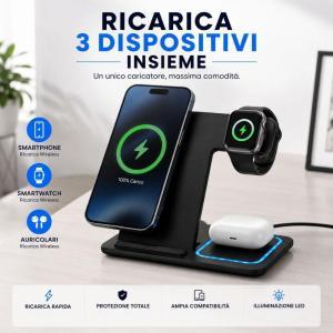 Stazione di ricarica wireless 3 in 1 per smartphone smartwatch e auricolari