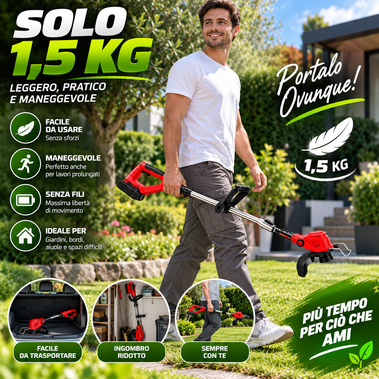  decespugliatore  800w tagliabordi senza fili asta regolabile per giardino - foto 5