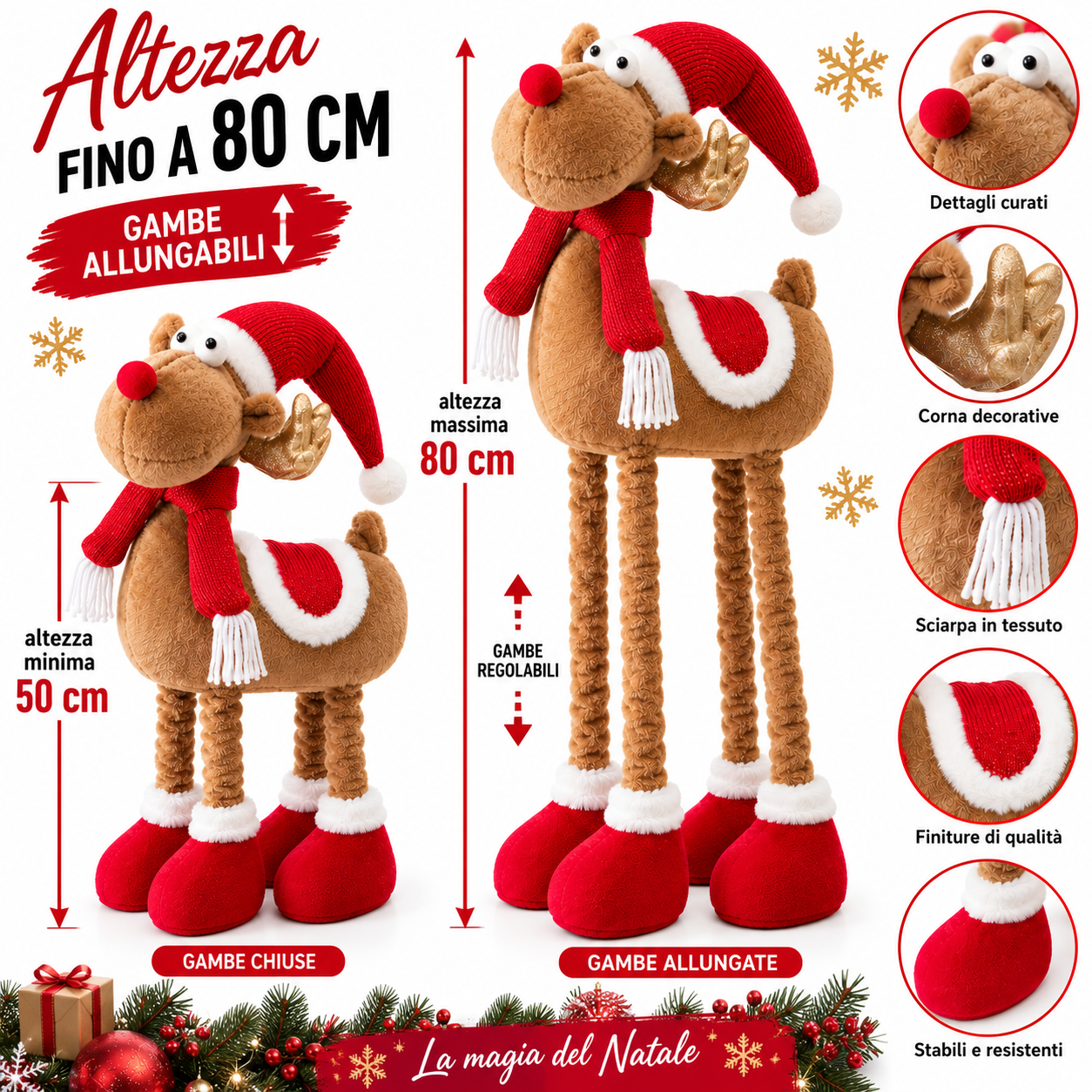 renna natalizia decorativa con gambe allungabili fino a 80cm pupazzo di natale in tessuto con cappello, sciarpa e scarpe - foto 3 renna natalizia decorativa con gambe allungabili fino a 80cm pupazzo di natale in tessuto con cappello, sciarpa e scarpe - foto 3