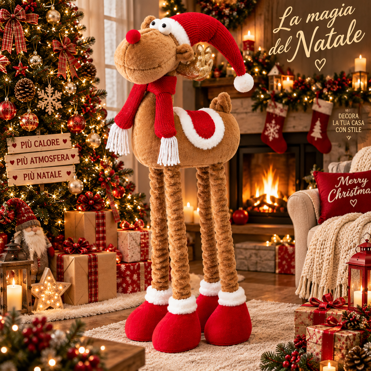 renna natalizia decorativa con gambe allungabili fino a 80cm pupazzo di natale in tessuto con cappello, sciarpa e scarpe - foto 4 renna natalizia decorativa con gambe allungabili fino a 80cm pupazzo di natale in tessuto con cappello, sciarpa e scarpe - foto 4