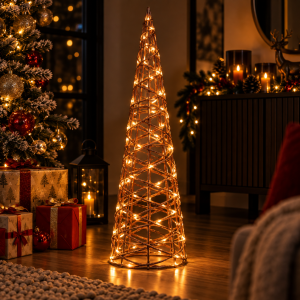 Albero di natale decorativo a cono con luci led  struttura intrecciata in metallo  decorazione natalizia luminosa