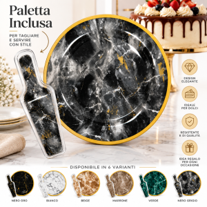 Piatto torta rotondo effetto marmo con paletta coordinato