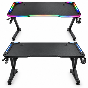 Scrivania gaming rgb con luci led  piano effetto carbonio, portabicchiere e supporto cuffie