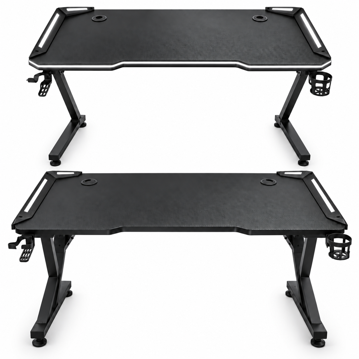 scrivania gaming rgb con luci led piano effetto carbonio, portabicchiere e supporto cuffie - foto 1 scrivania gaming rgb con luci led piano effetto carbonio, portabicchiere e supporto cuffie - foto 1