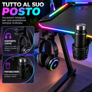 Scrivania gaming rgb con luci led  piano effetto carbonio, portabicchiere e supporto cuffie