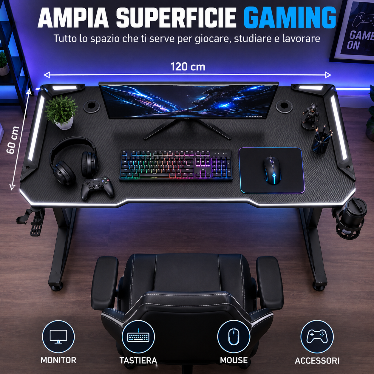 scrivania gaming rgb con luci led piano effetto carbonio, portabicchiere e supporto cuffie - foto 2 scrivania gaming rgb con luci led piano effetto carbonio, portabicchiere e supporto cuffie - foto 2