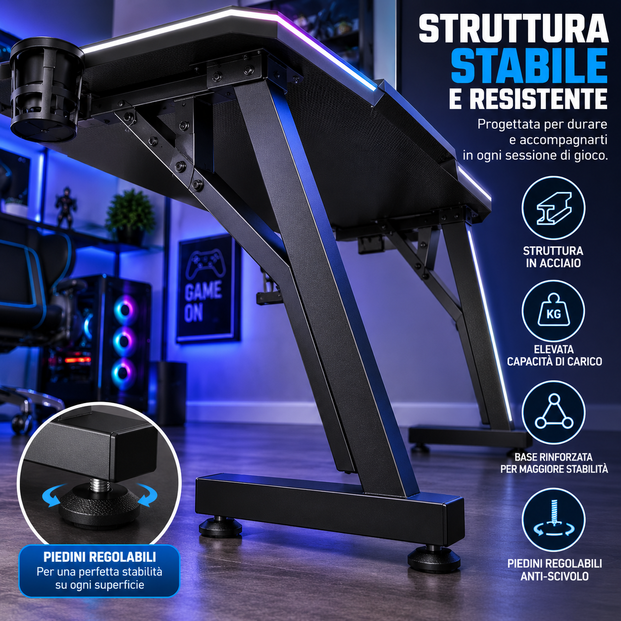 scrivania gaming rgb con luci led piano effetto carbonio, portabicchiere e supporto cuffie - foto 3 scrivania gaming rgb con luci led piano effetto carbonio, portabicchiere e supporto cuffie - foto 3