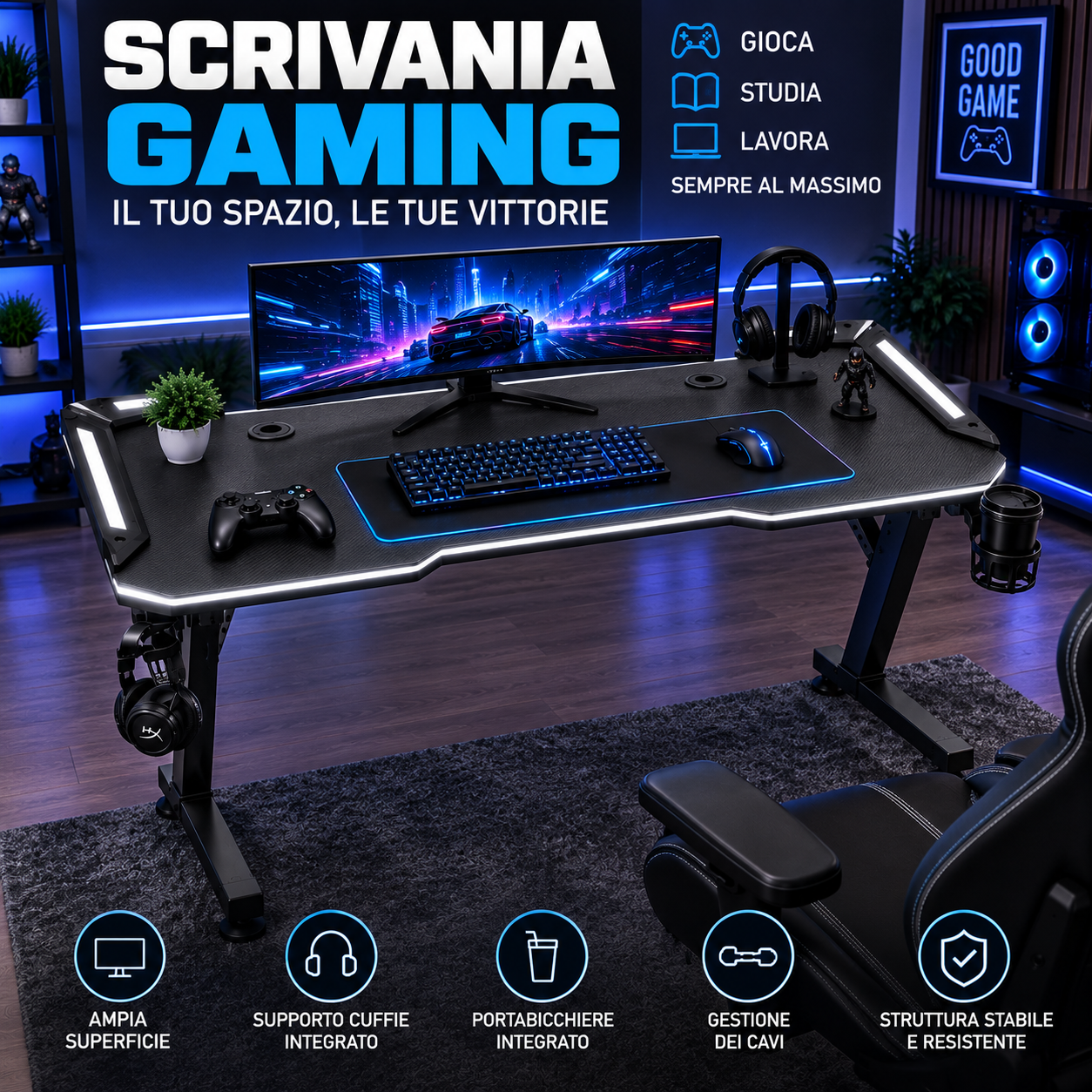 scrivania gaming rgb con luci led piano effetto carbonio, portabicchiere e supporto cuffie - foto 4 scrivania gaming rgb con luci led piano effetto carbonio, portabicchiere e supporto cuffie - foto 4