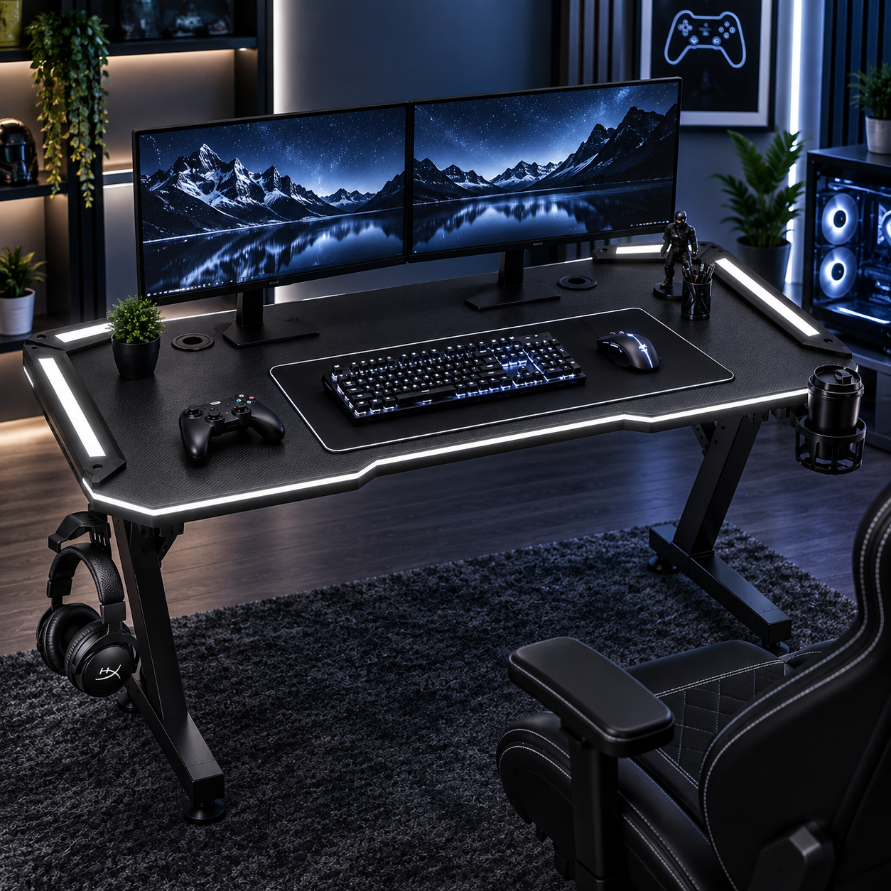 scrivania gaming rgb con luci led piano effetto carbonio, portabicchiere e supporto cuffie - foto 5 scrivania gaming rgb con luci led piano effetto carbonio, portabicchiere e supporto cuffie - foto 5