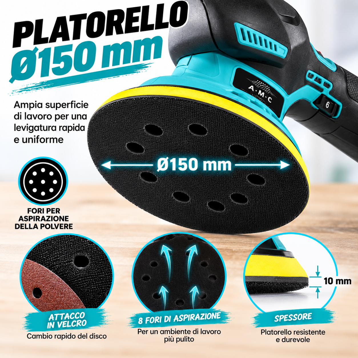 levigatrice lucidatrice rotorbitale platorello ø150 mm con velocità regolabile - foto 4 Platorello rotondo giallo Ø150 mm, 6 pori aerazione, zone appiglio, spessore 12 mm