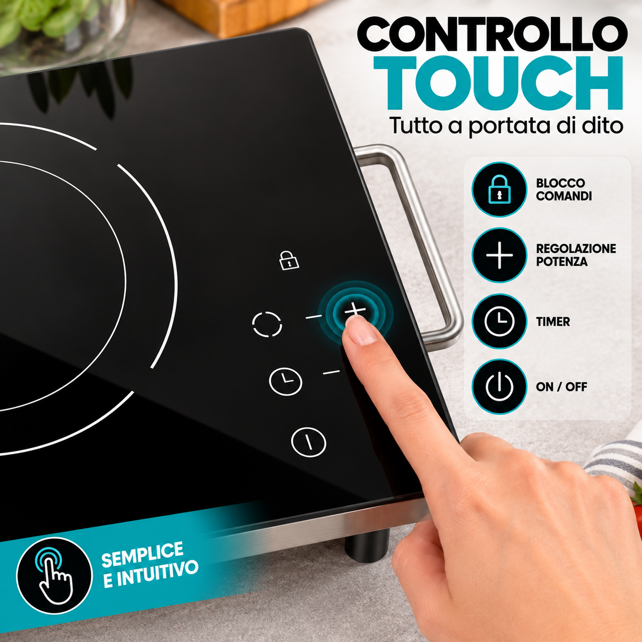 Piastra in vetroceramica con comandi touch, vista dettaglio piano cottura
