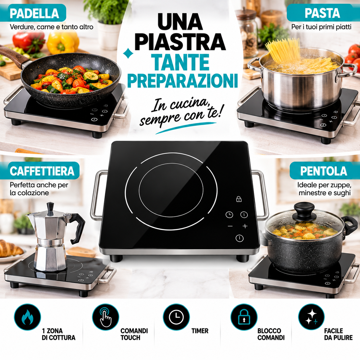 Piastra elettrica vetroceramica con comandi touch, vista frontale dei controlli