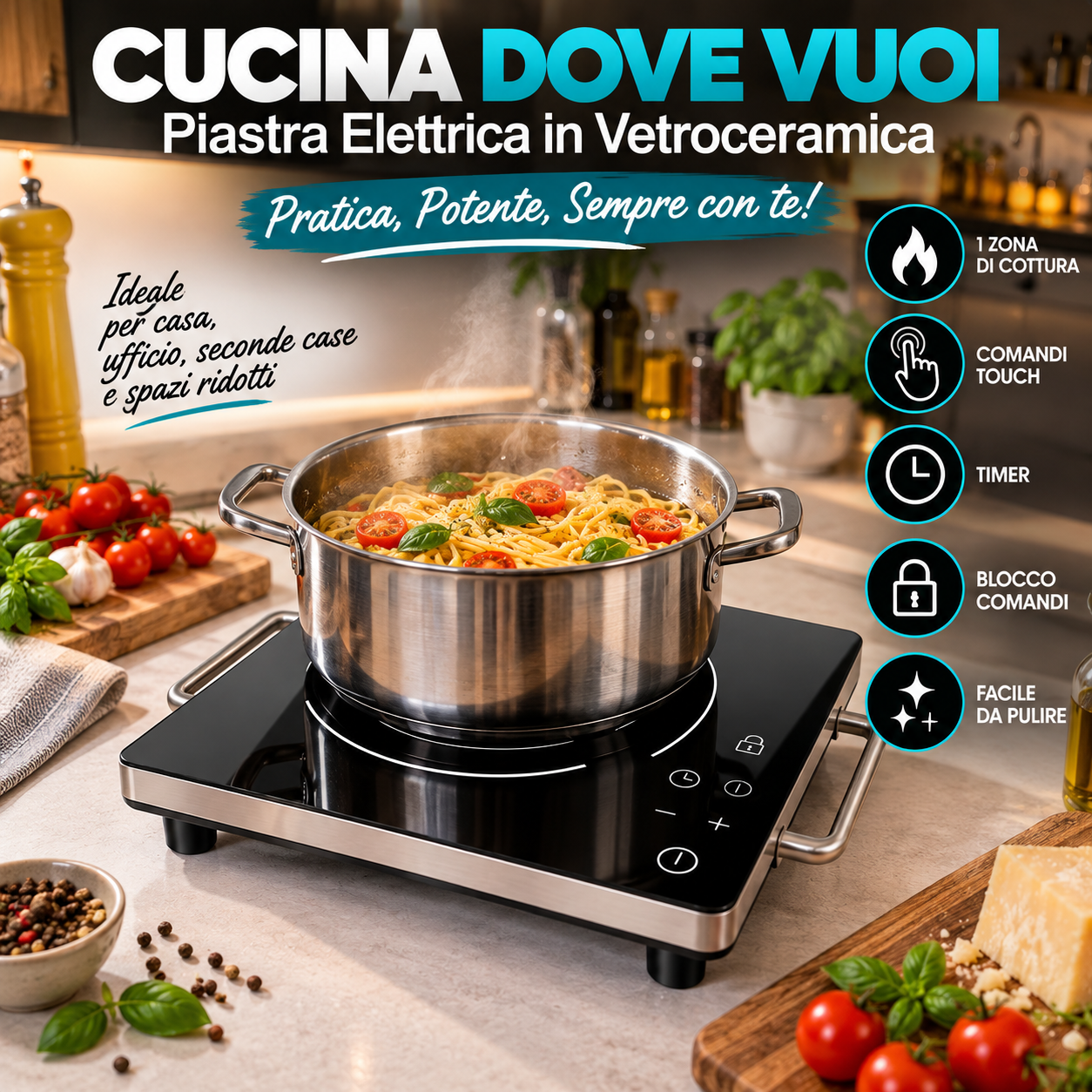 Piastra in vetroceramica con comandi touch per cottura portatile