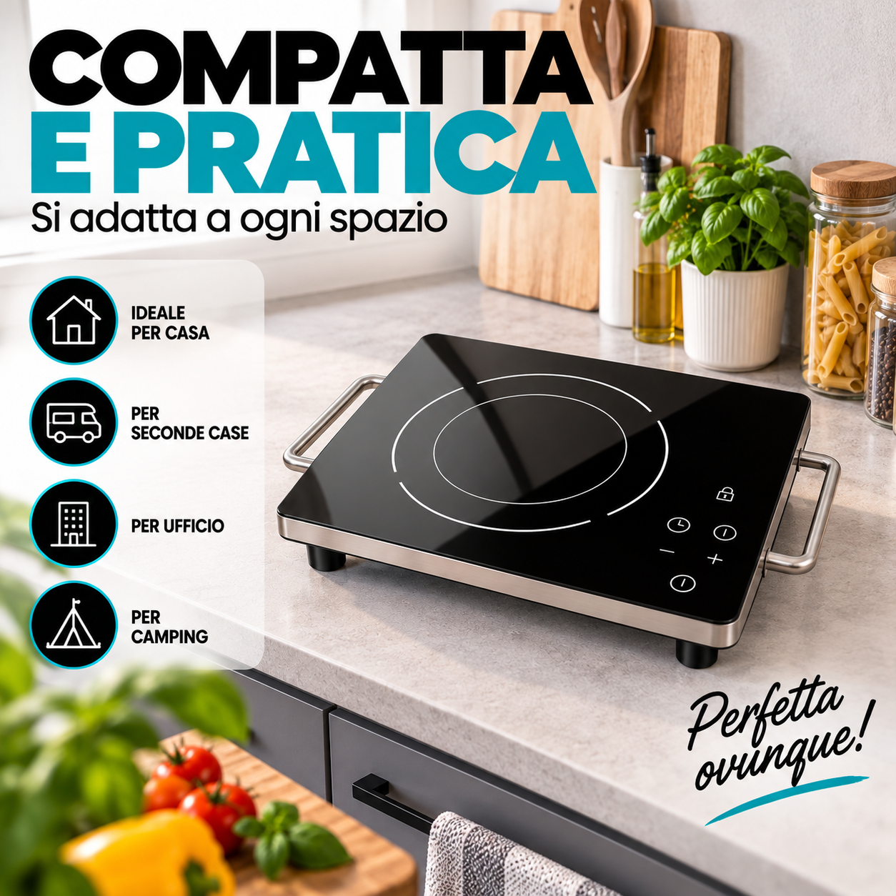 Piastra in vetroceramica con comandi touch, vista frontale del piano cottura