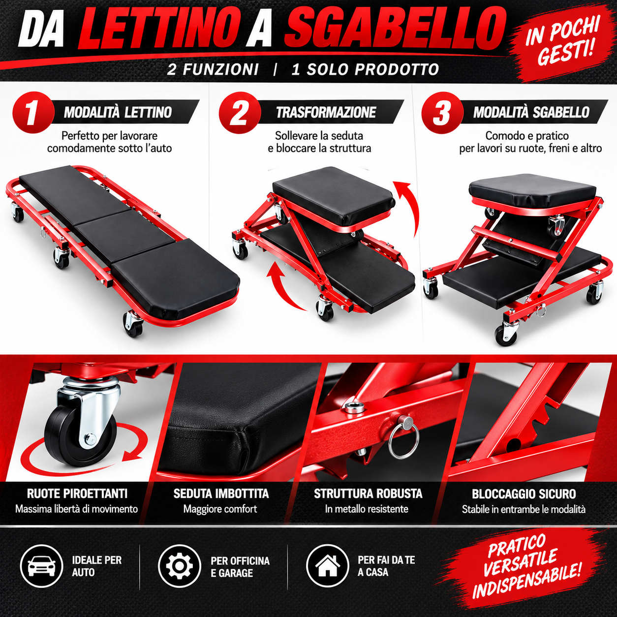  lettino sottomacchina trasformabile 2 in 1 con ruote – carrello e sgabello da meccanico per officina - foto 2