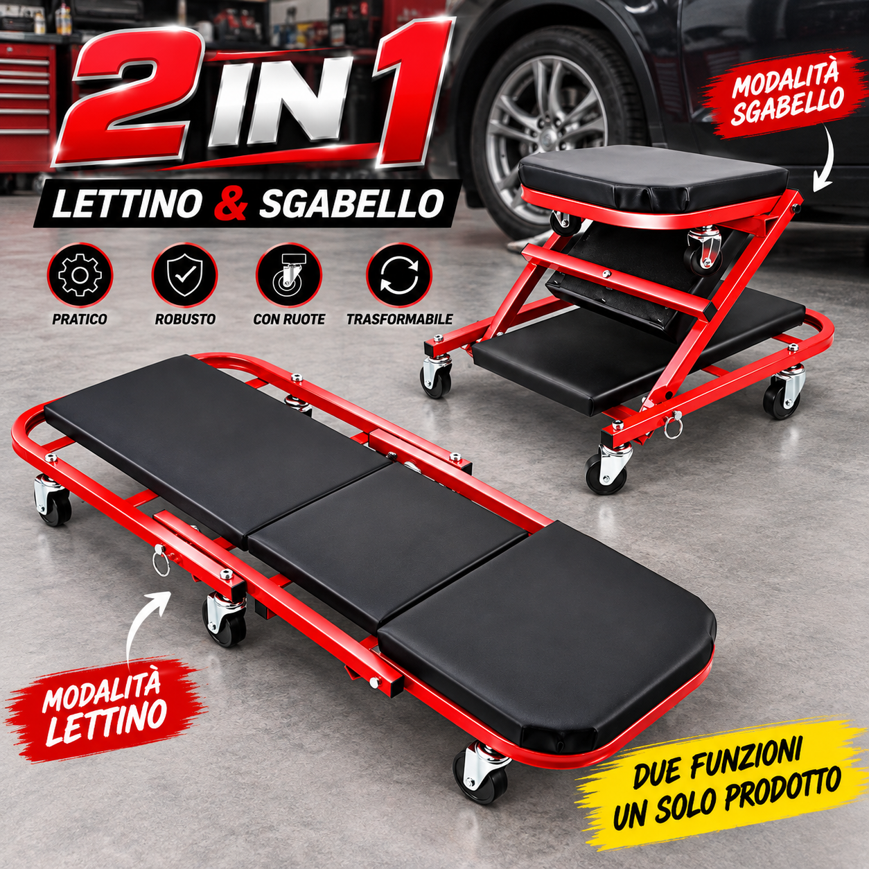  lettino sottomacchina trasformabile 2 in 1 con ruote – carrello e sgabello da meccanico per officina - foto 3