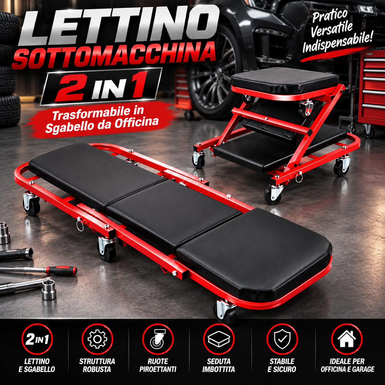  lettino sottomacchina trasformabile 2 in 1 con ruote – carrello e sgabello da meccanico per officina - foto 5