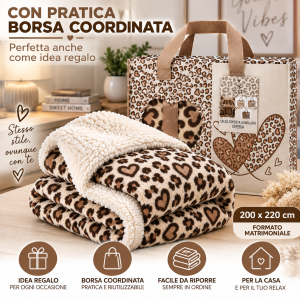Coperta agnellata matrimoniale 200x220 cm animalier con cuori – morbida e calda con borsa coordinata