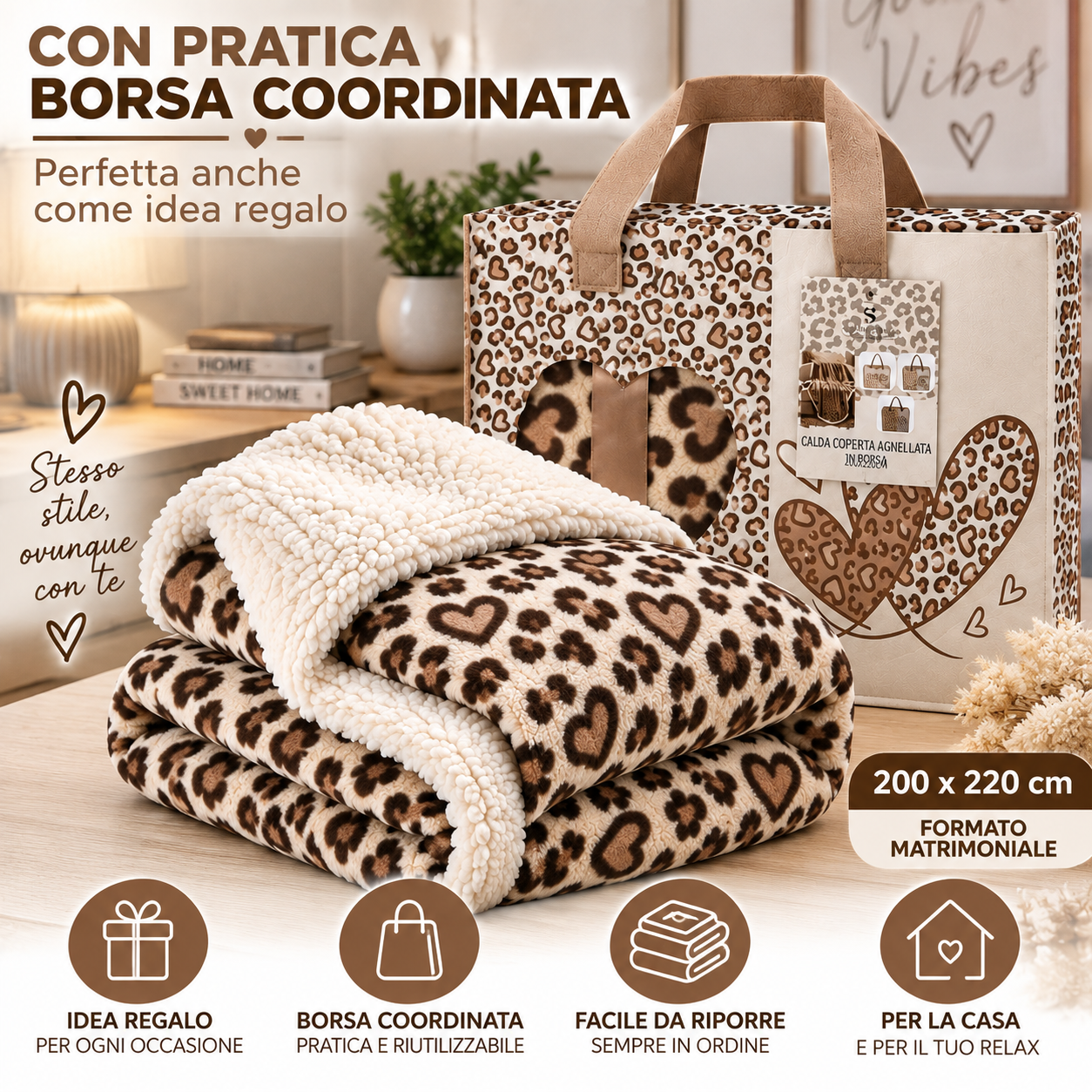 coperta agnellata matrimoniale 200x220 cm animalier con cuori – morbida e calda con borsa coordinata - foto 2 coperta agnellata matrimoniale 200x220 cm animalier con cuori – morbida e calda con borsa coordinata - foto 2
