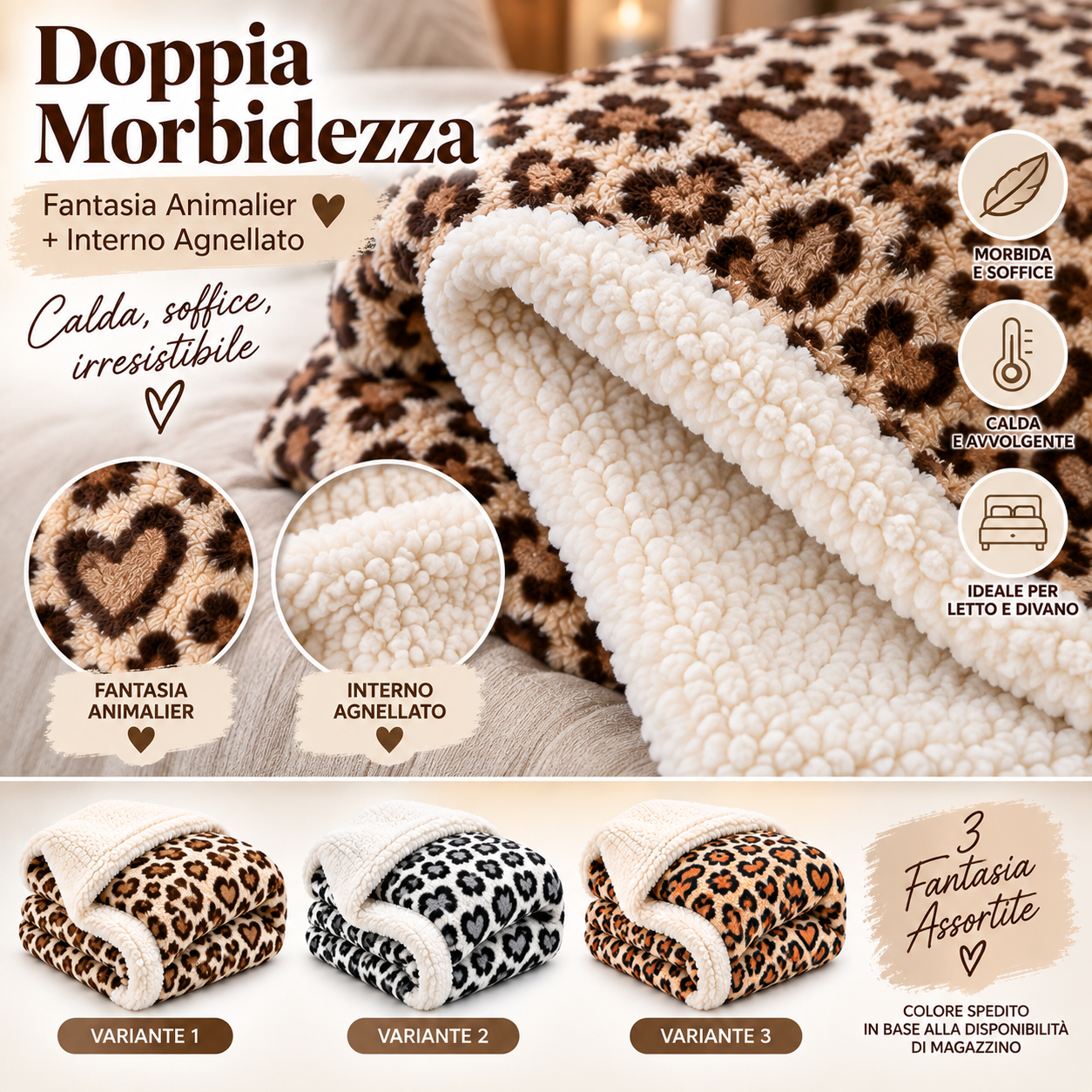 coperta agnellata matrimoniale 200x220 cm animalier con cuori – morbida e calda con borsa coordinata - foto 3 coperta agnellata matrimoniale 200x220 cm animalier con cuori – morbida e calda con borsa coordinata - foto 3