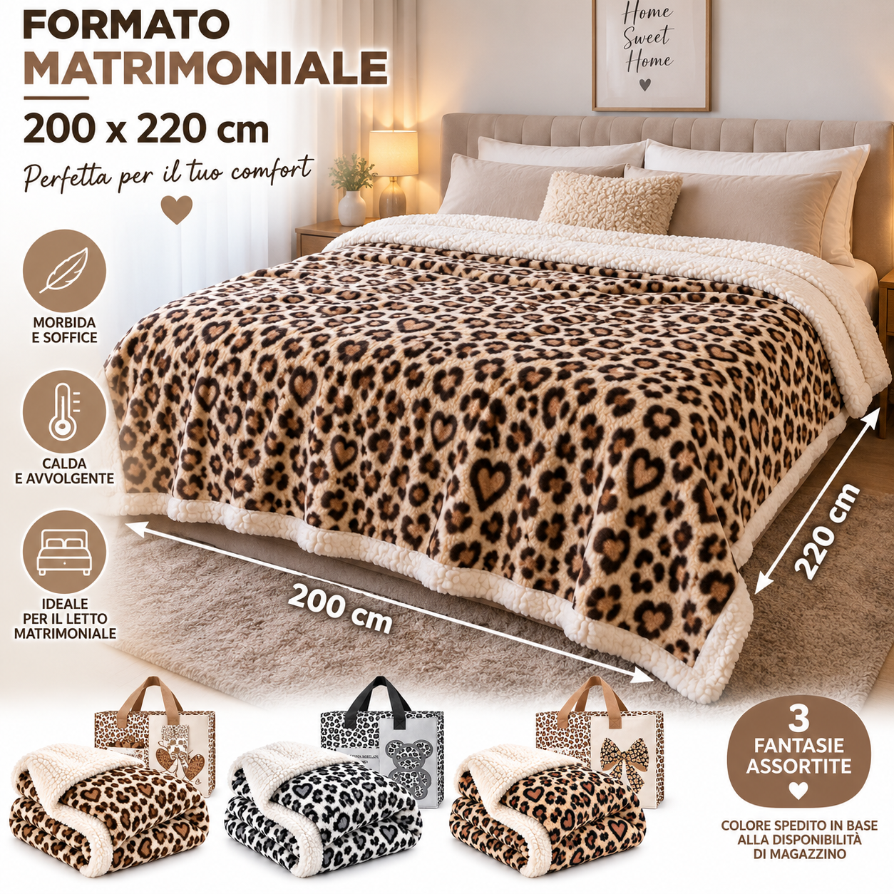 coperta agnellata matrimoniale 200x220 cm animalier con cuori – morbida e calda con borsa coordinata - foto 4 coperta agnellata matrimoniale 200x220 cm animalier con cuori – morbida e calda con borsa coordinata - foto 4