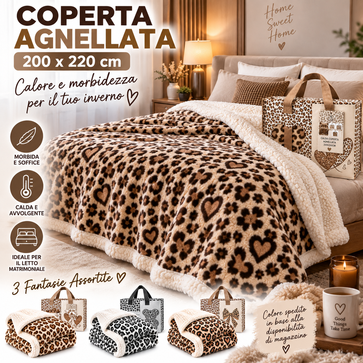 coperta agnellata matrimoniale 200x220 cm animalier con cuori – morbida e calda con borsa coordinata - foto 5 coperta agnellata matrimoniale 200x220 cm animalier con cuori – morbida e calda con borsa coordinata - foto 5