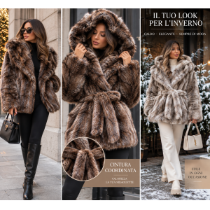 Cappotto donna effetto ecopelliccia collo ampio o cappuccio