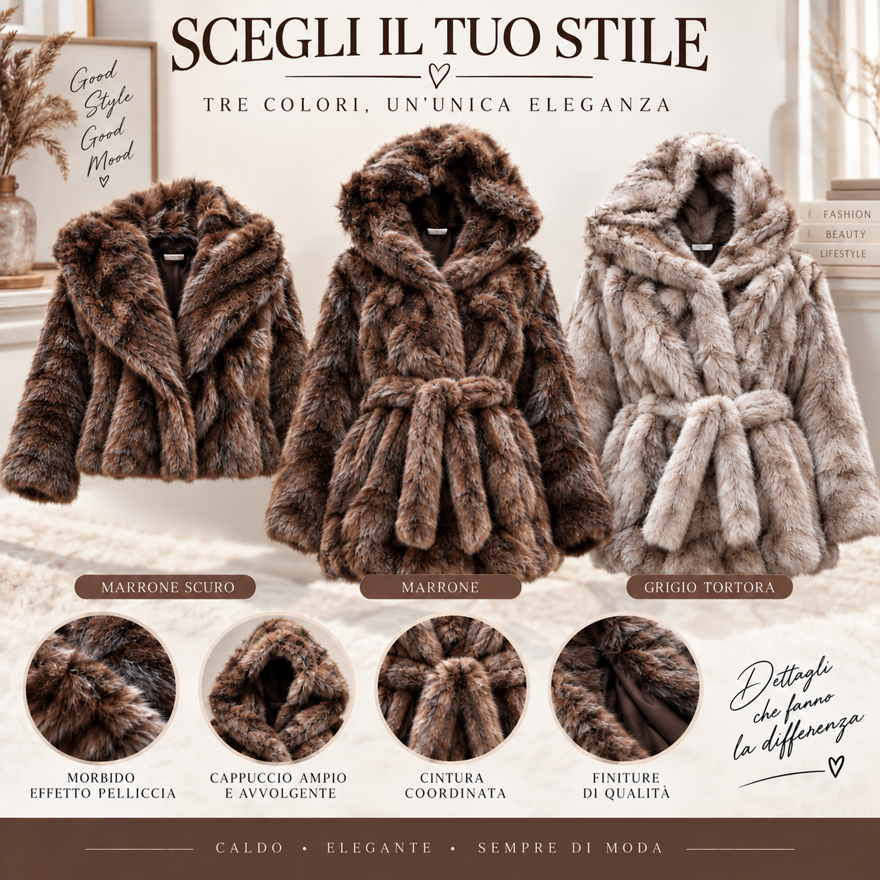 cappotto donna effetto ecopelliccia collo ampio o cappuccio - foto 4 cappotto donna effetto ecopelliccia collo ampio o cappuccio - foto 4