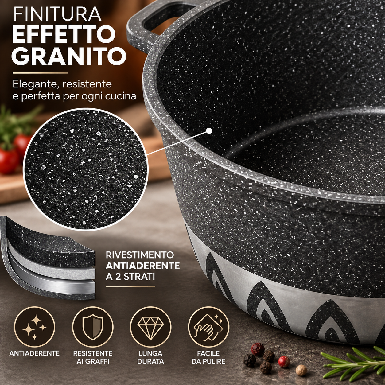batteria pentole 6 pezzi antiaderente effetto granito con coperchi in vetro - foto 3 batteria pentole 6 pezzi antiaderente effetto granito con coperchi in vetro - foto 3