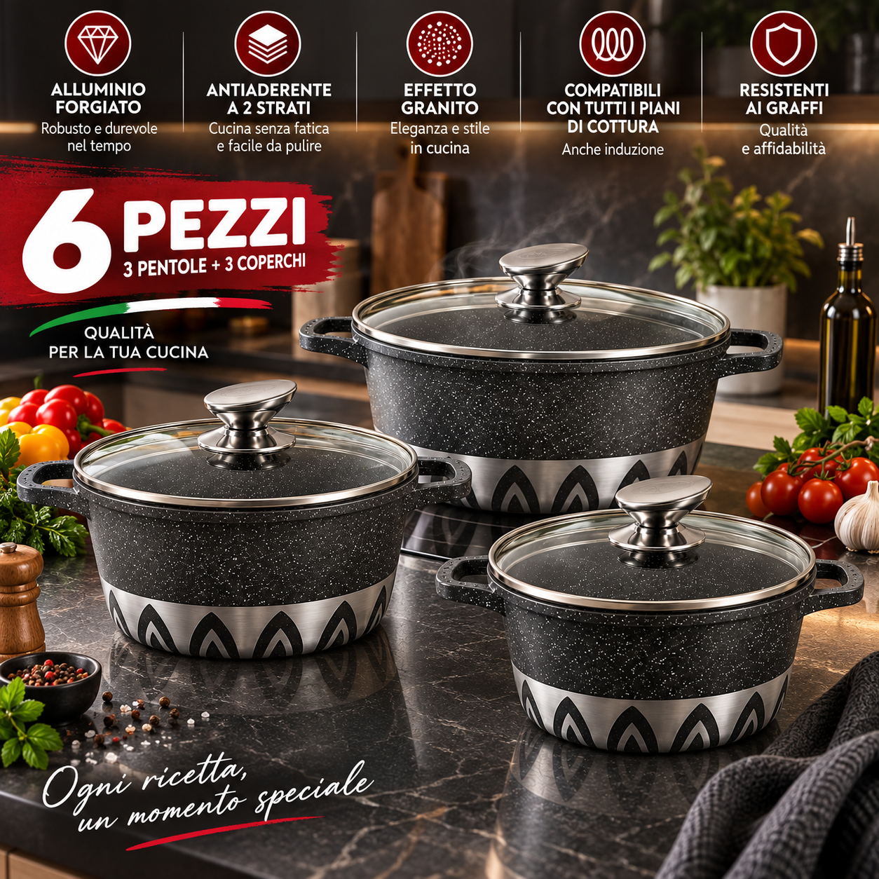 batteria pentole 6 pezzi antiaderente effetto granito con coperchi in vetro - foto 4 batteria pentole 6 pezzi antiaderente effetto granito con coperchi in vetro - foto 4