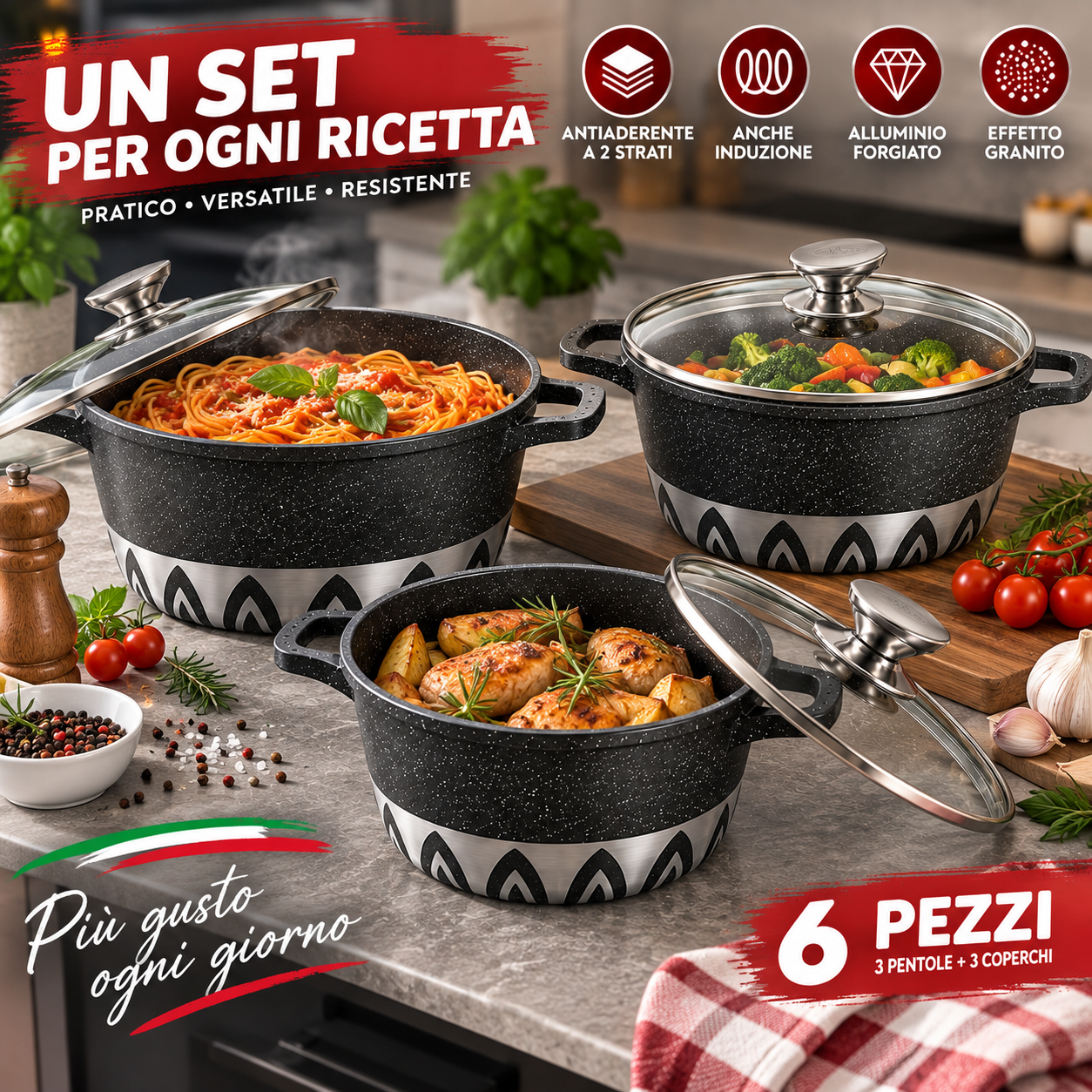 batteria pentole 6 pezzi antiaderente effetto granito con coperchi in vetro - foto 5 batteria pentole 6 pezzi antiaderente effetto granito con coperchi in vetro - foto 5