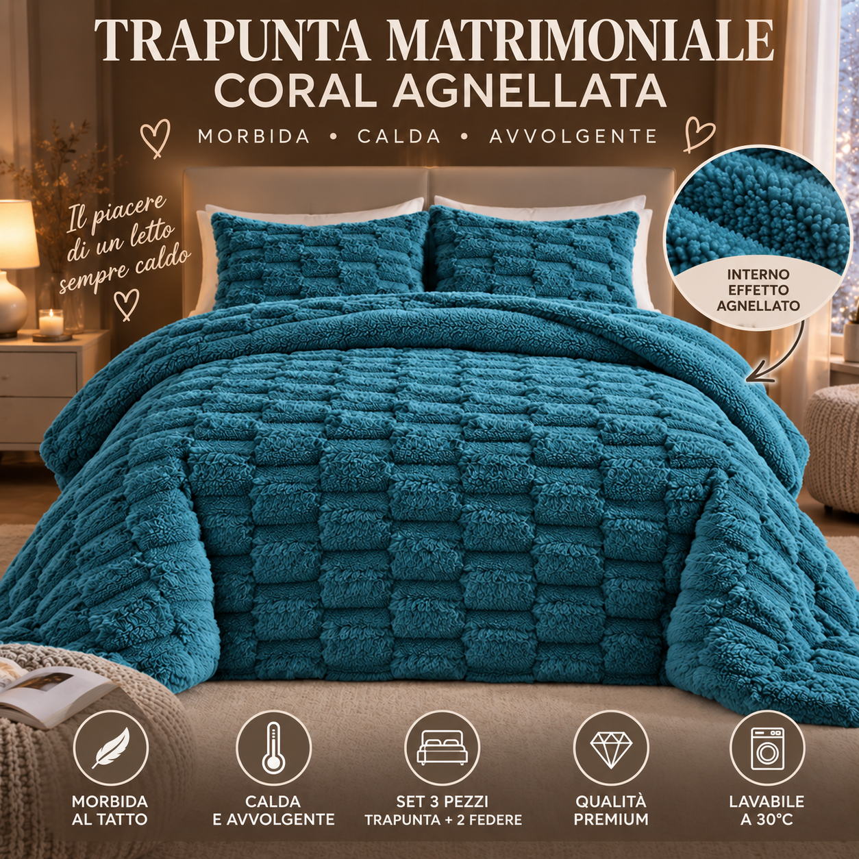 trapunta matrimoniale in coral agnellata con 2 federe 50x80 cm morbida, calda e avvolgente - foto 3 trapunta matrimoniale in coral agnellata con 2 federe 50x80 cm morbida, calda e avvolgente - foto 3