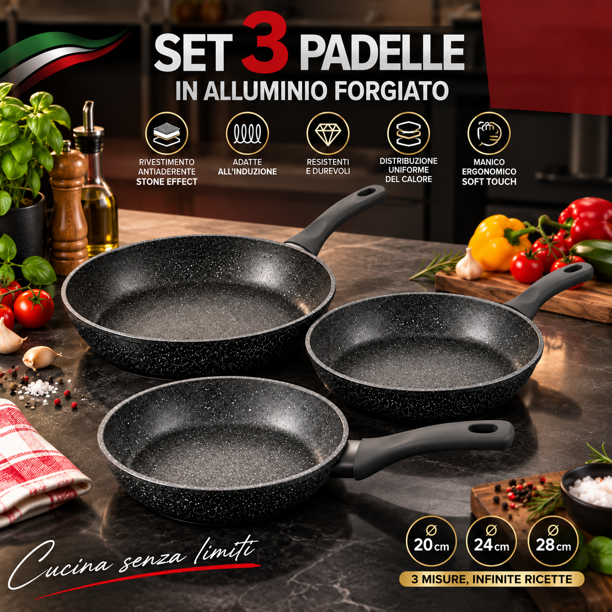 set 3 padelle 20/24/28 cm in alluminio forgiato antiaderente stone effect induzione - foto 3 set 3 padelle 20/24/28 cm in alluminio forgiato antiaderente stone effect induzione - foto 3