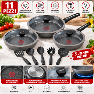Cucina fire pro set 11 pezzi  3 padelle con coperchi in vetro + 5 utensili  antiaderente  adatto all’induzione