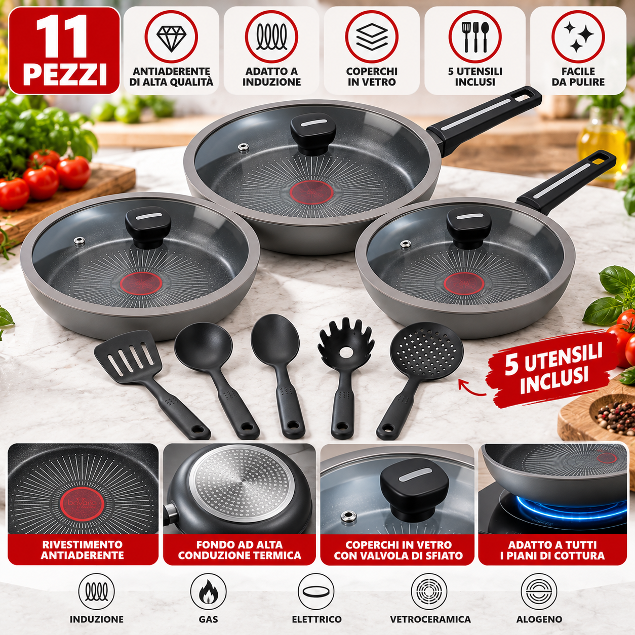 set 11 pezzi 3 padelle con coperchi in vetro + 5 utensili antiaderente adatto all’induzione - foto 1 Set 11 pezzi con 3 padelle, 3 coperchi in vetro, 5 utensili. Antiaderente, adatto all'induzione.
