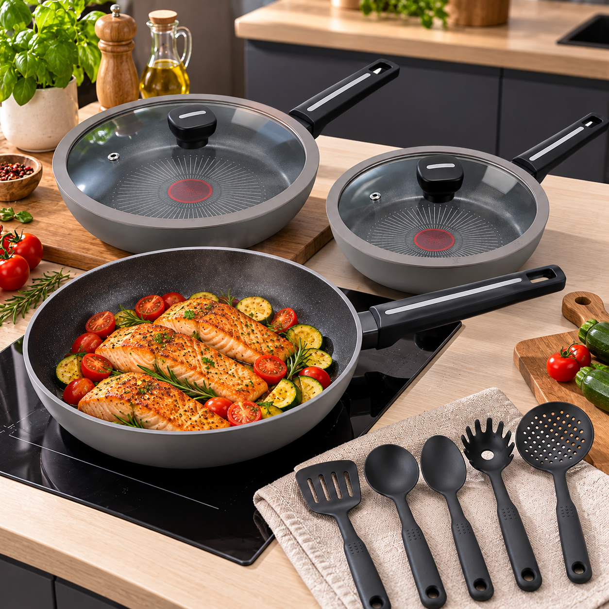 set 11 pezzi 3 padelle con coperchi in vetro + 5 utensili antiaderente adatto all’induzione - foto 3 Tre padelle con coperchi in vetro e 5 utensili accessori in contesto d'uso in cucina