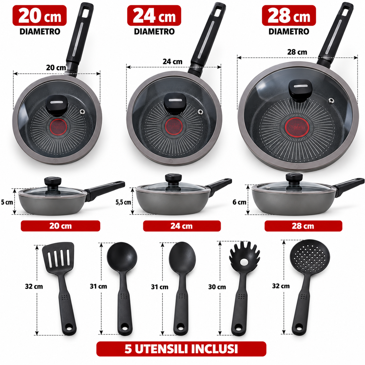 set 11 pezzi 3 padelle con coperchi in vetro + 5 utensili antiaderente adatto all’induzione - foto 4 Scheda tecnica: dimensioni padelle 20cm, 24cm, 28cm e utensili del set