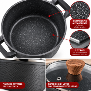 Batteria di pentole 6 pezzi in alluminio forgiato  antiaderente effetto granito con coperchi in vetro