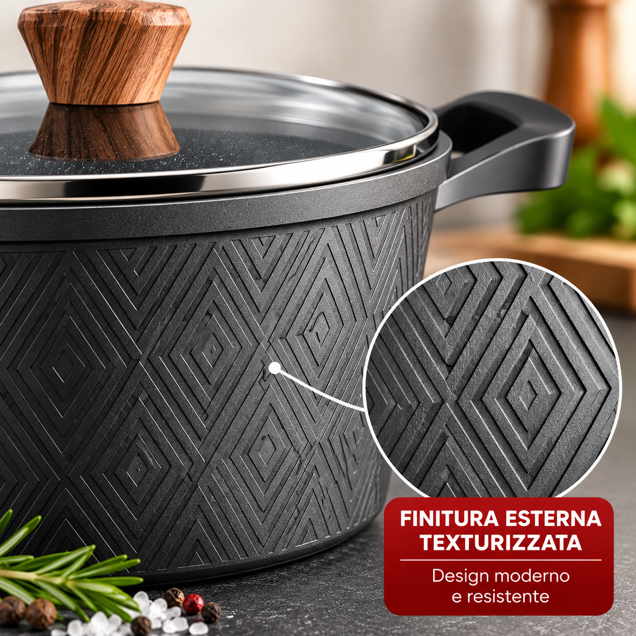  batteria di pentole 6 pezzi in alluminio forgiato  antiaderente effetto granito con coperchi in vetro - foto 3