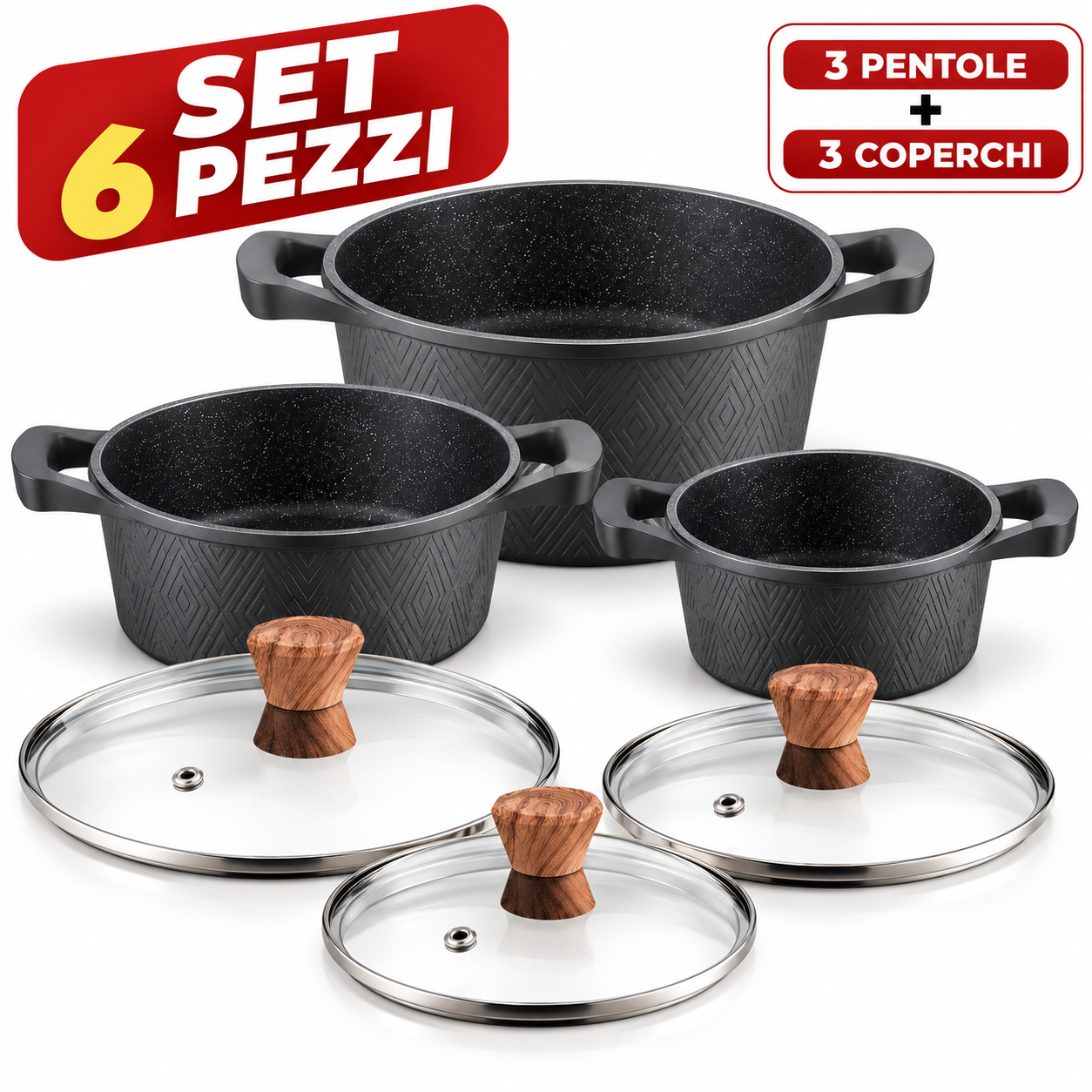 batteria di pentole 6 pezzi in alluminio forgiato antiaderente effetto granito con coperchi in vetro - foto 4 Set completo di 6 pezzi: 3 pentole in alluminio con 3 coperchi in vetro e pomelli in legno