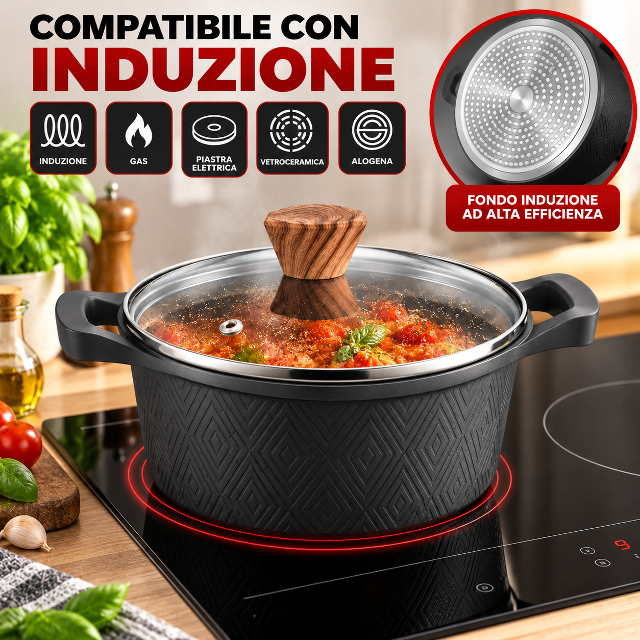 batteria di pentole 6 pezzi in alluminio forgiato antiaderente effetto granito con coperchi in vetro - foto 5 Pentola con coperchio in vetro della batteria 6 pezzi antiaderente