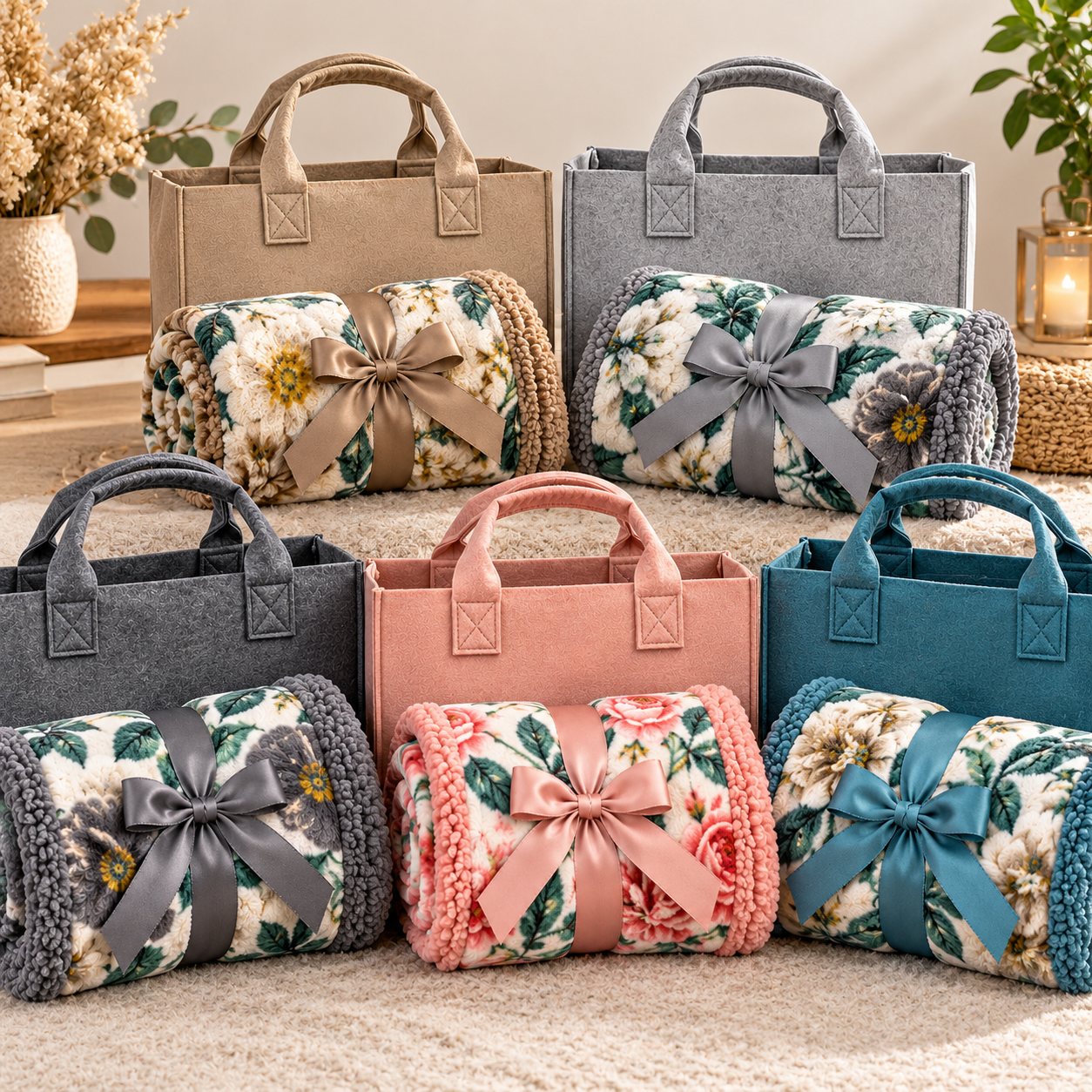  plaid morbido fantasia floreale con retro agnellato sherpa e borsa in feltro - foto 1