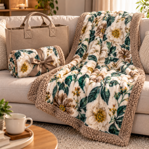 Plaid morbido fantasia floreale con retro agnellato sherpa e borsa in feltro