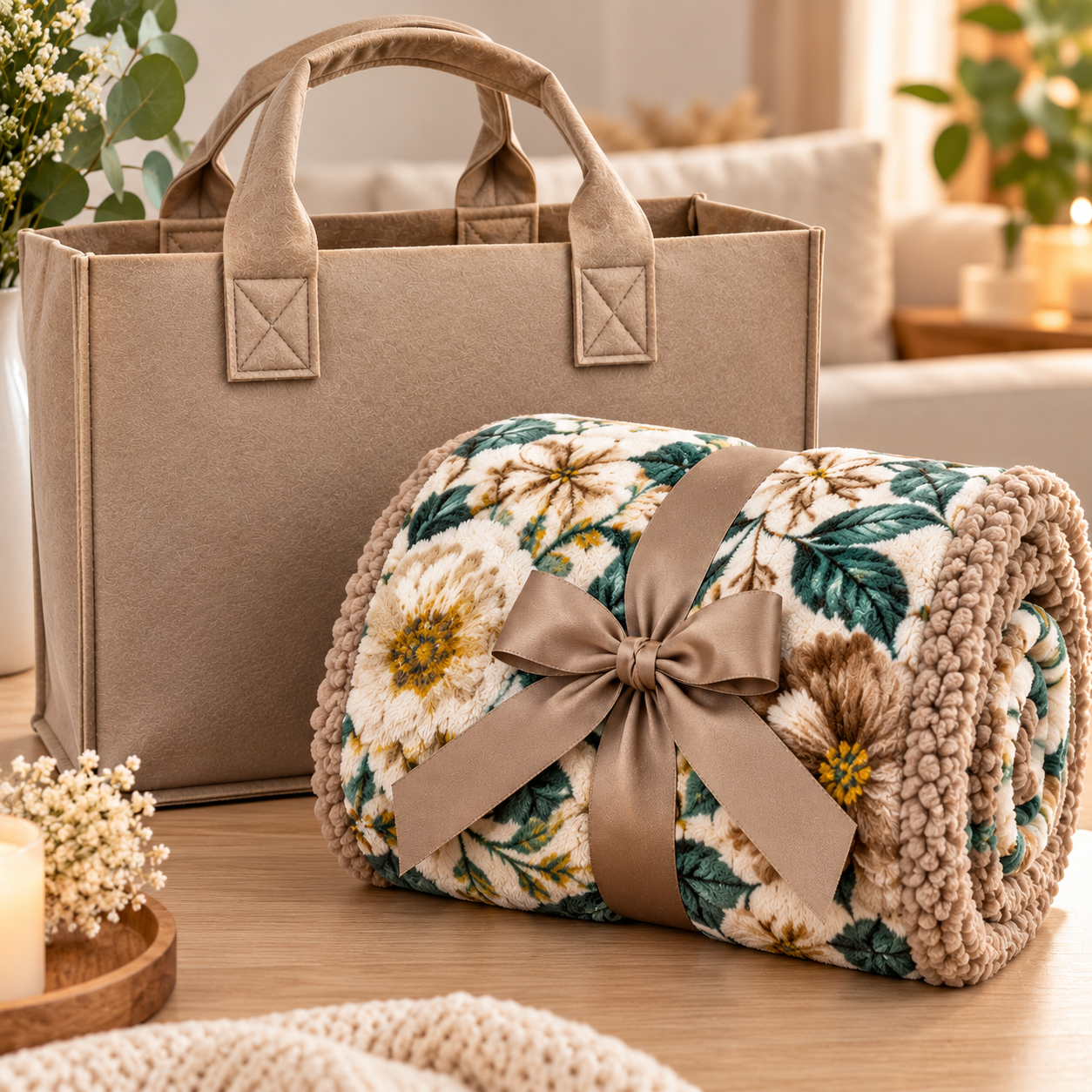  plaid morbido fantasia floreale con retro agnellato sherpa e borsa in feltro - foto 5