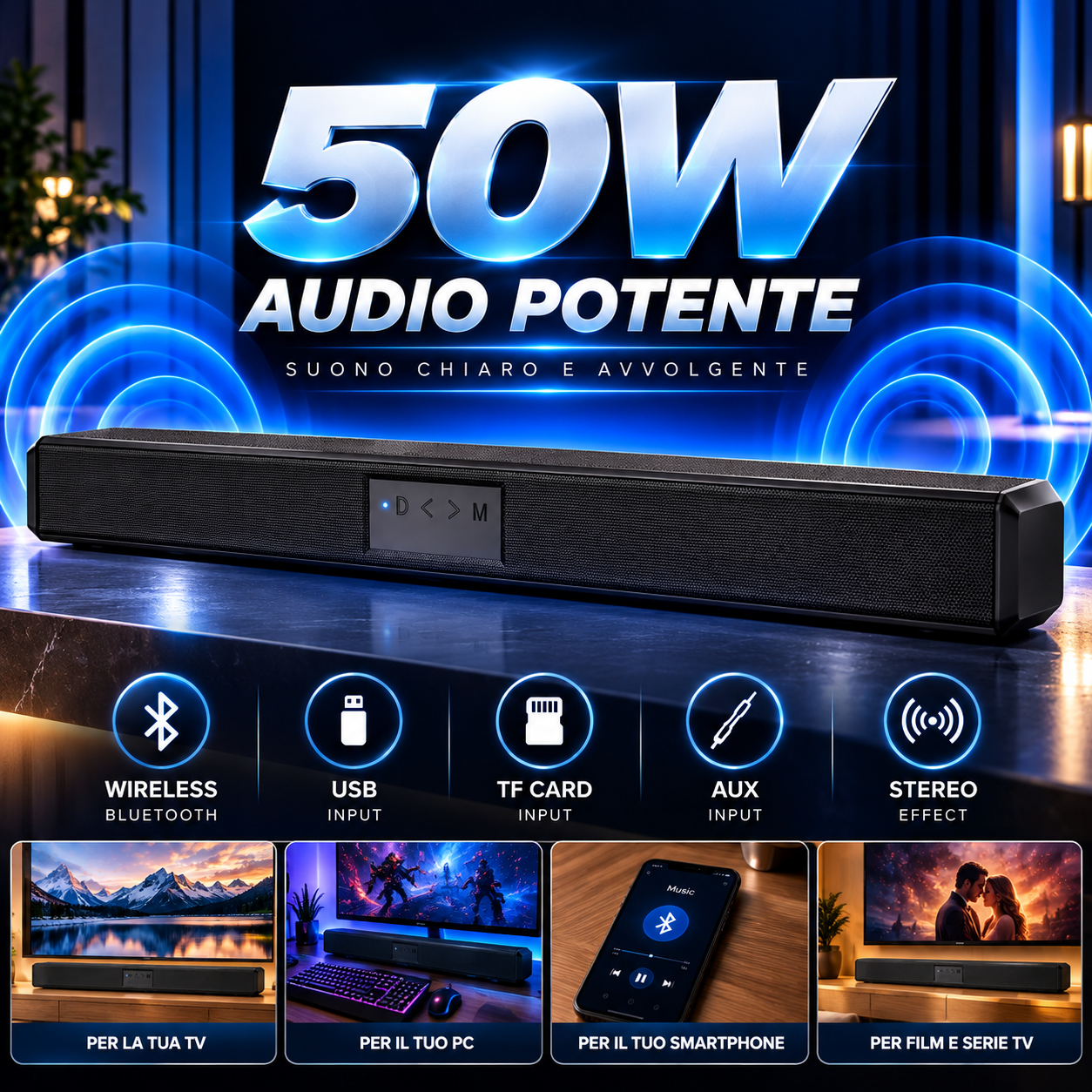soundbar bluetooth wireless 50w barra altoparlante nera - foto 5 soundbar bluetooth wireless 50w barra altoparlante nera - foto 5