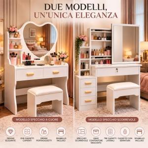 Toeletta da trucco bianca con specchio a cuore o rettangolare scorrevole, cassetti portaoggetti e sgabello imbottito