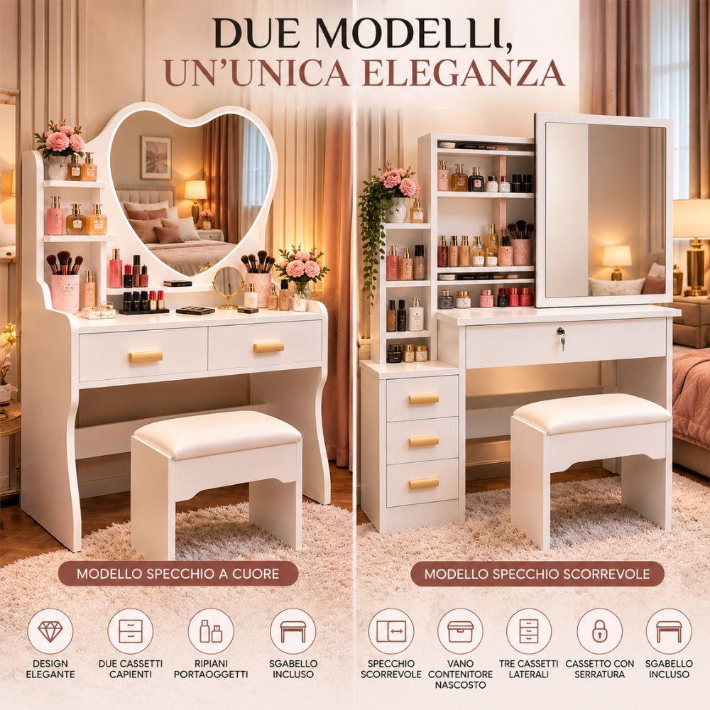 toeletta da trucco bianca con specchio a cuore o rettangolare scorrevole, cassetti portaoggetti e sgabello imbottito - foto 1 toeletta da trucco bianca con specchio a cuore o rettangolare scorrevole, cassetti portaoggetti e sgabello imbottito - foto 1